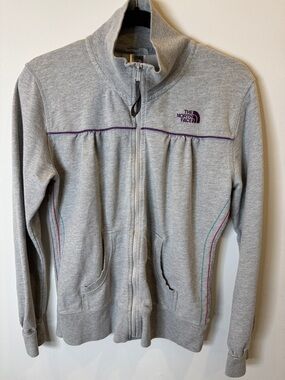 The North Face Light Gray Full-Zip Jacket with Purple Logo